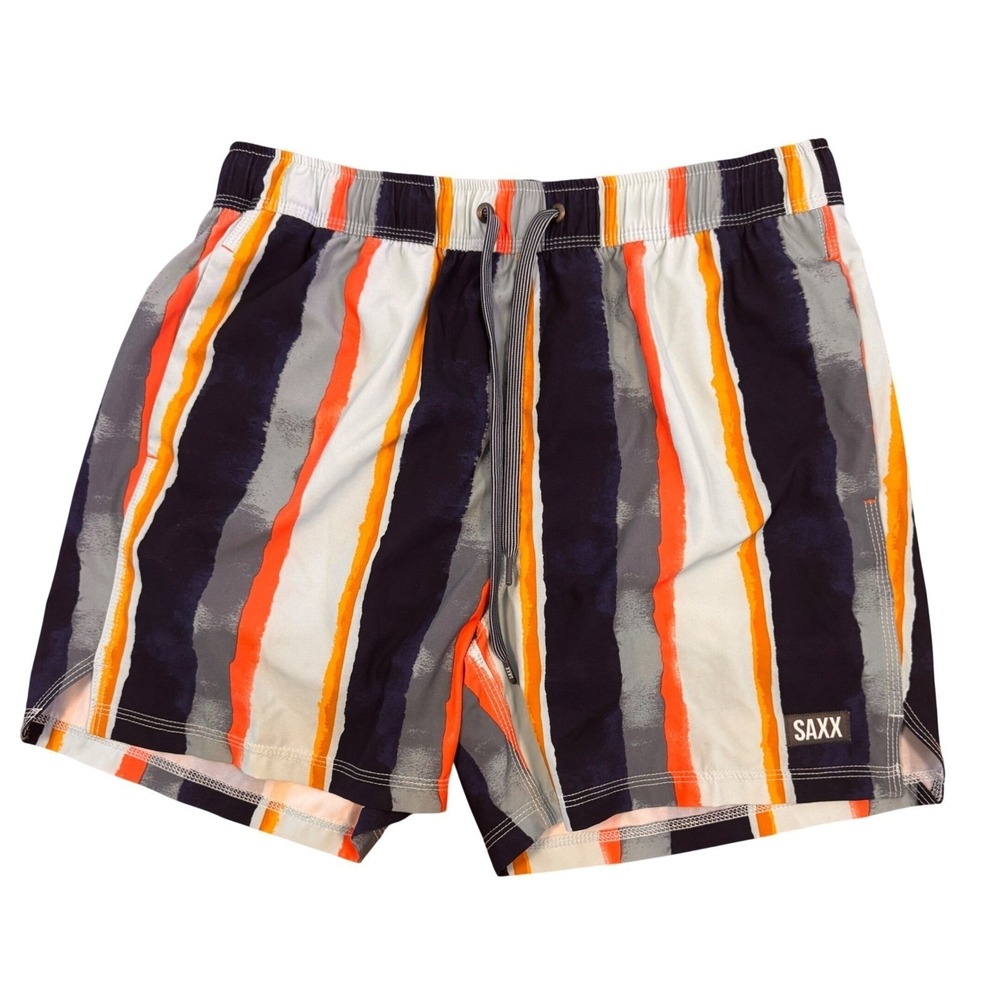 Saxx Oh Buoy 2N1 Swim Trunks Mens Medium Striped Board Shorts BallPark Pouch